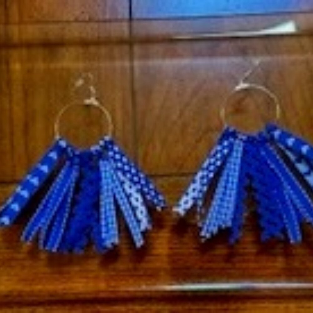 Blue Ribbon Earrings with Silver Hoops